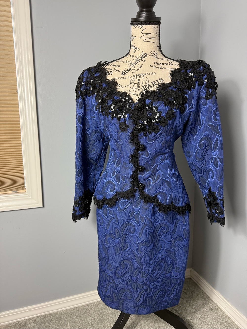 Vintage San Carlin Blue & Black Beaded 2-Pc Evening Ensemble Sz 8